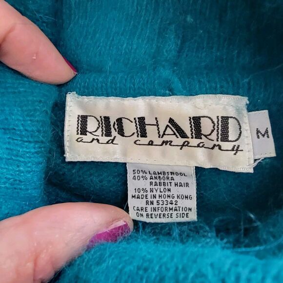 VTG Richard And Company Lambswool Angora Sweater Retro Geometric Teal Purple M - Picture 3 of 15